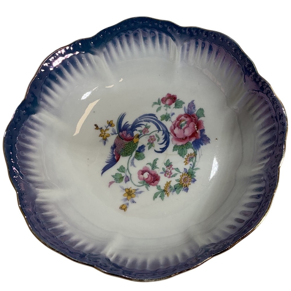 Antique Czechoslovakia Porcelain Bowl Bird of Paradise Flow Blue Scalloped Edge